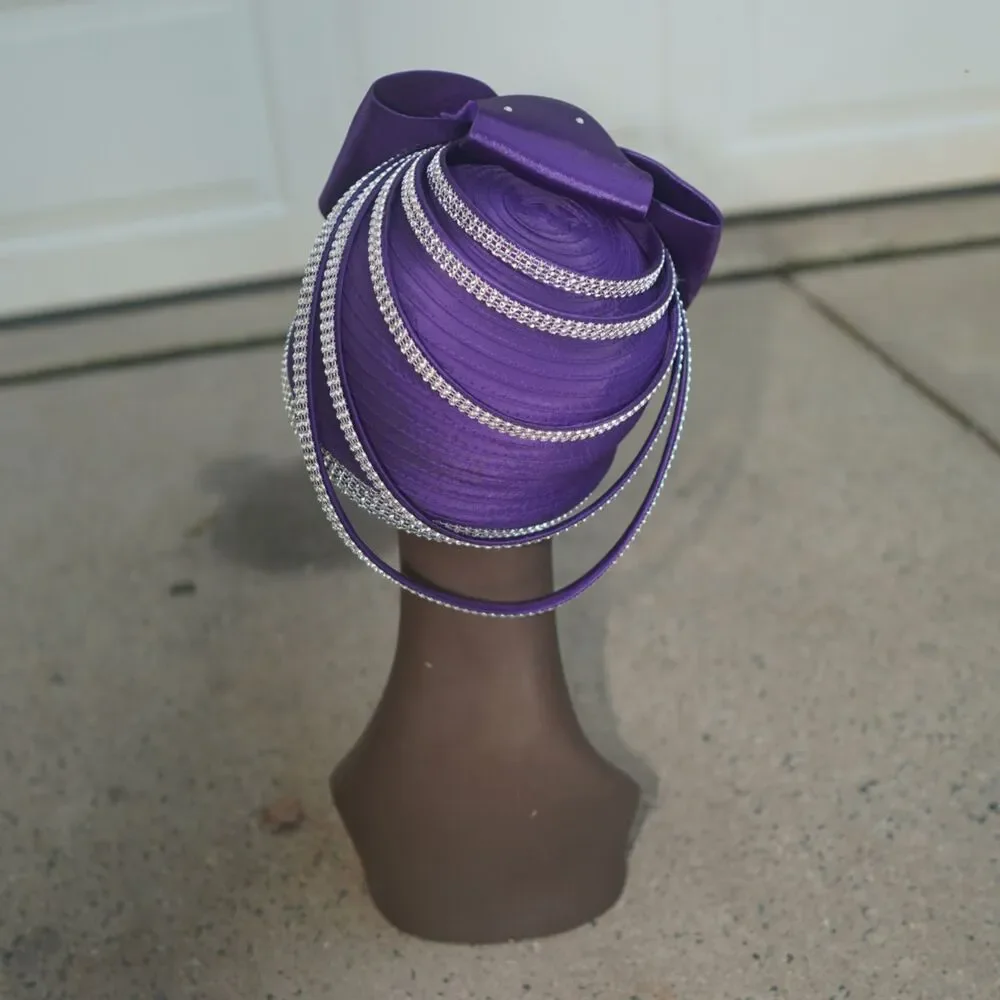 Purple Ribbon Straw Church Hat Rhinestone Bow Vintage Style Pillbox Cloche 7.5”